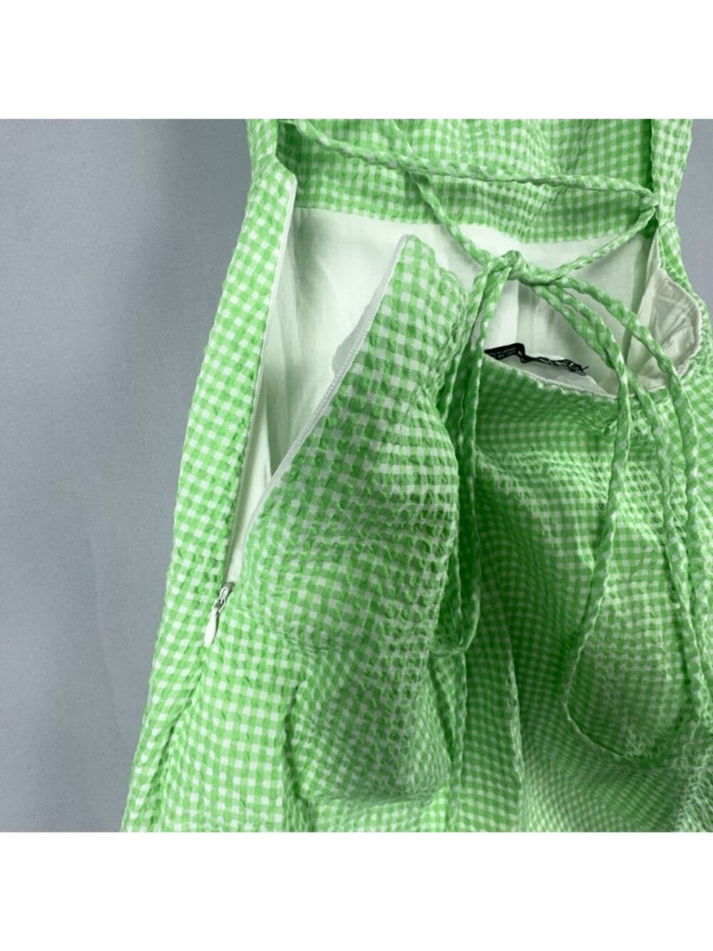 Zara Gingham Dress Size XS Mint Green Puff Sleeve Mini 100% Cotton Side Zipper - Picture 7 of 13